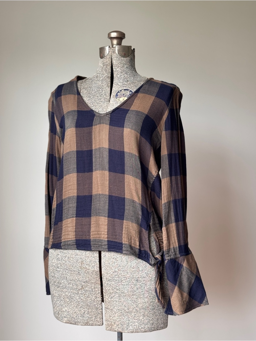 Cloth & Stone Plaid V-Neck Bell Sleeve Top - Navy and Tan